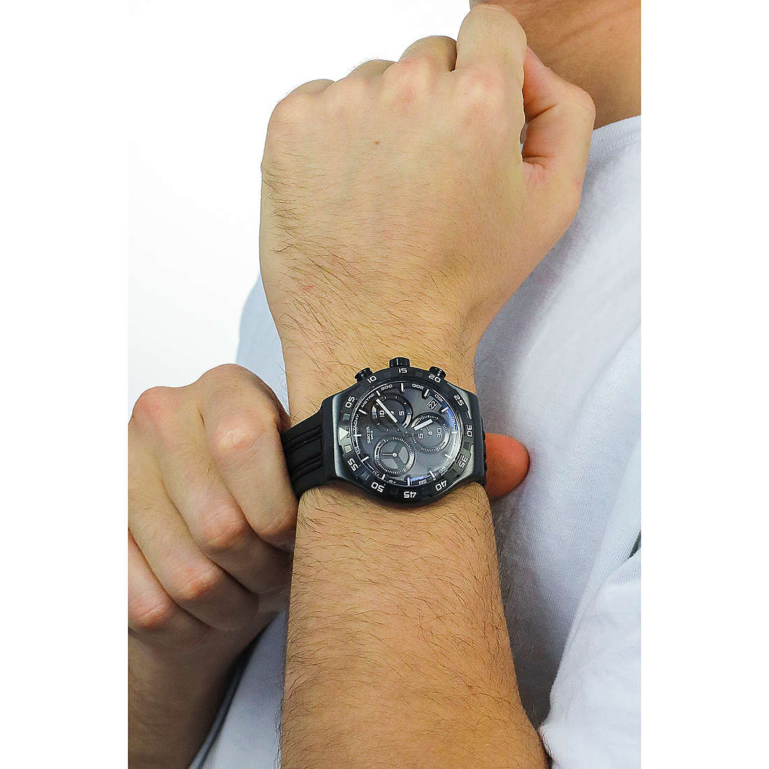 Swatch chronographs Essentials man YVB409 wearing
